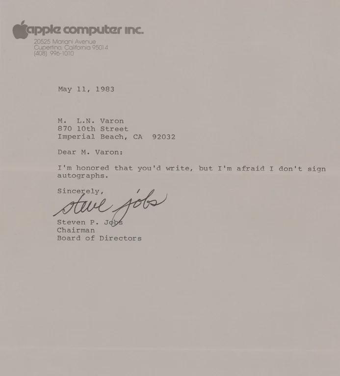 Steve Jobs typed letter to a fan who had requested a autograph from him, the letter ended up selling at auction for $400k