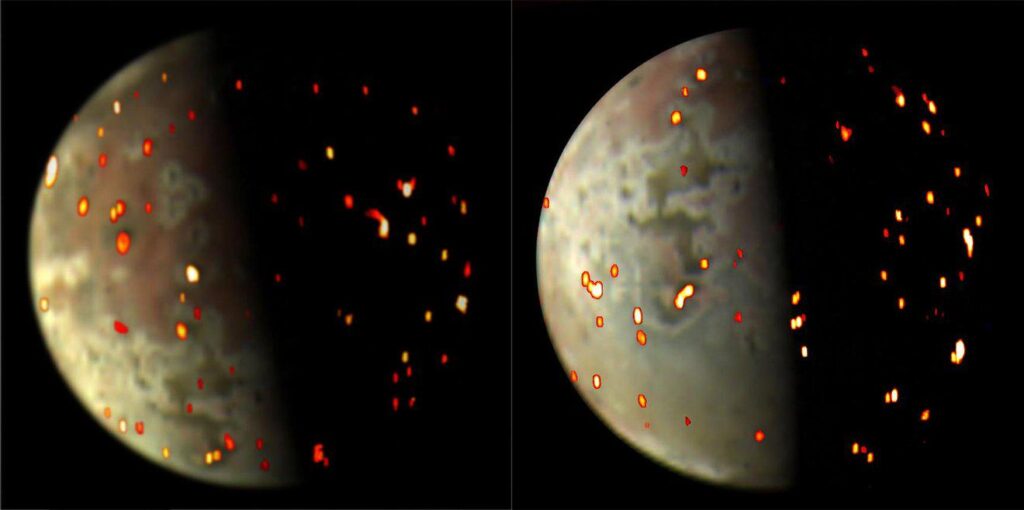 Infra-red photos of the many volcanoes of Jupiters moon Io taken by the Juno spacecraft in 2022.
