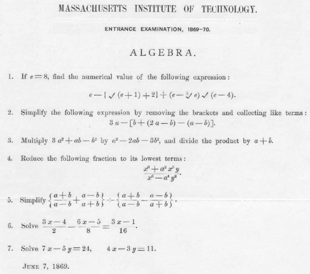 MIT Entrance Examination for 1869-1870