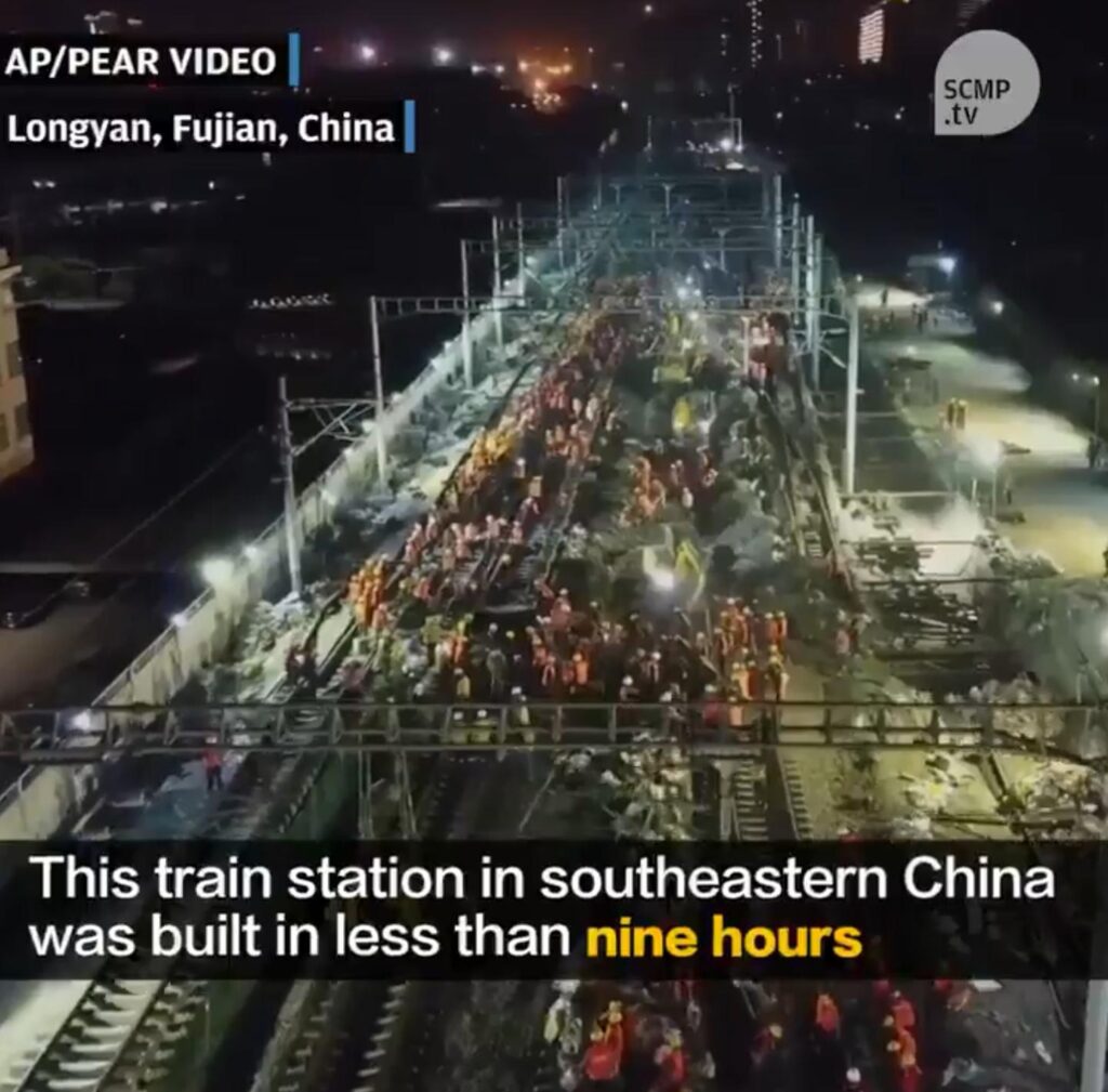 China builds a train station within a day with 1500 workers and seven work-shifts