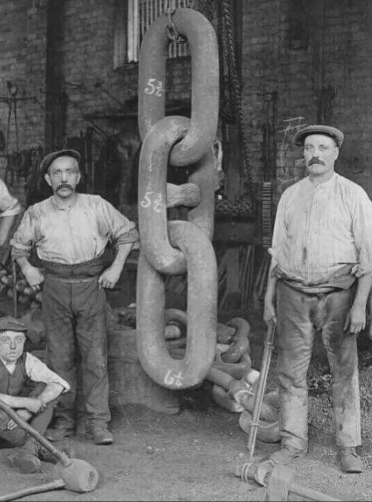 Forging the chain for the Titanic’s anchor, 1910.