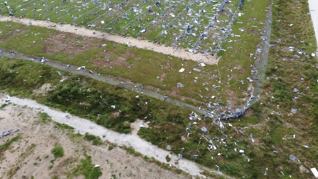 The damage to a solar farm after a major hurricane (Duke Energy Solar Plant at Lake Placid, FL)