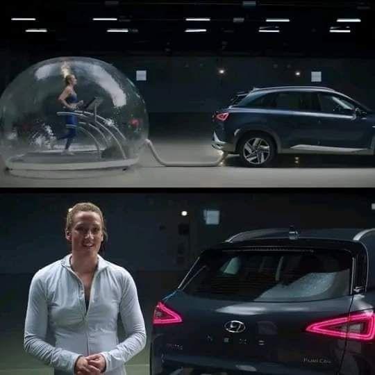 Belmonte performed an exercise inside a special bubble, breathing directly from the exhaust pipe of a Hyundai Nexo. The Hyundai Nexo is capable of pur…