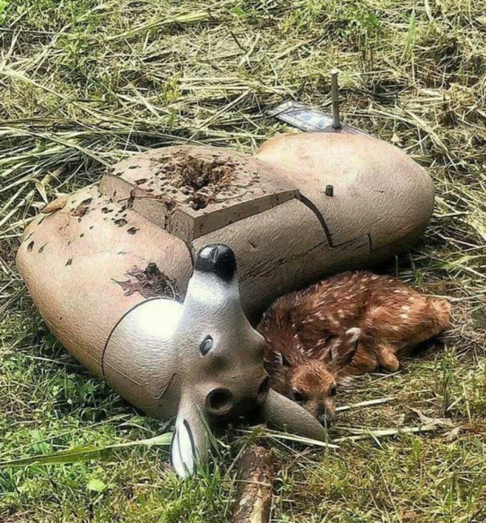 A fawn curled up beside a fake deer that was used for target practice