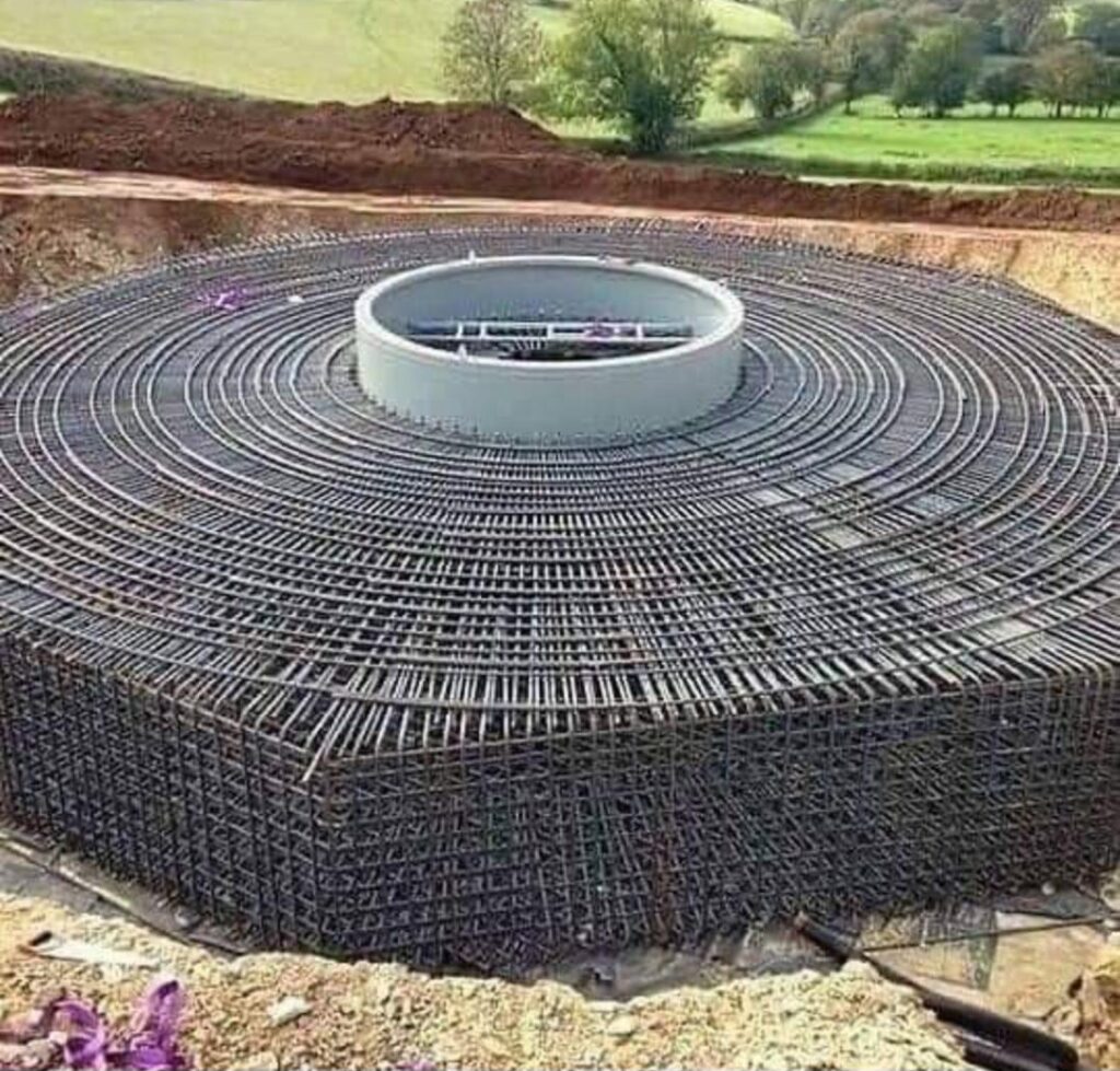 The amount of steel in a wind turbine footing.