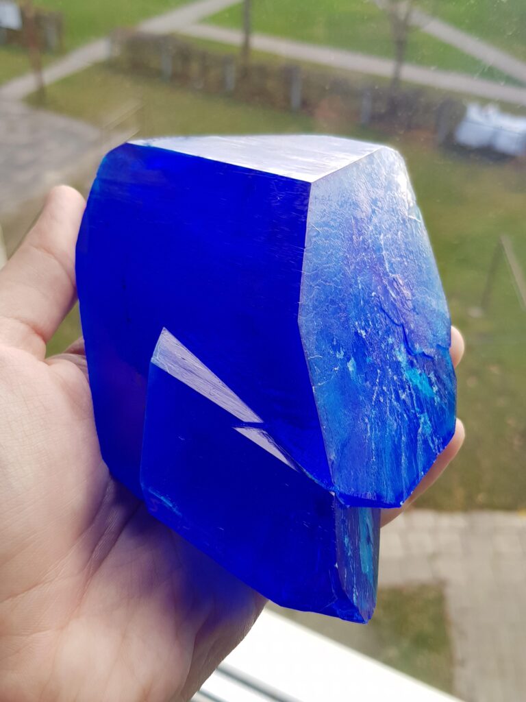 This is a crystal of copper sulfate that took me a year to grow.