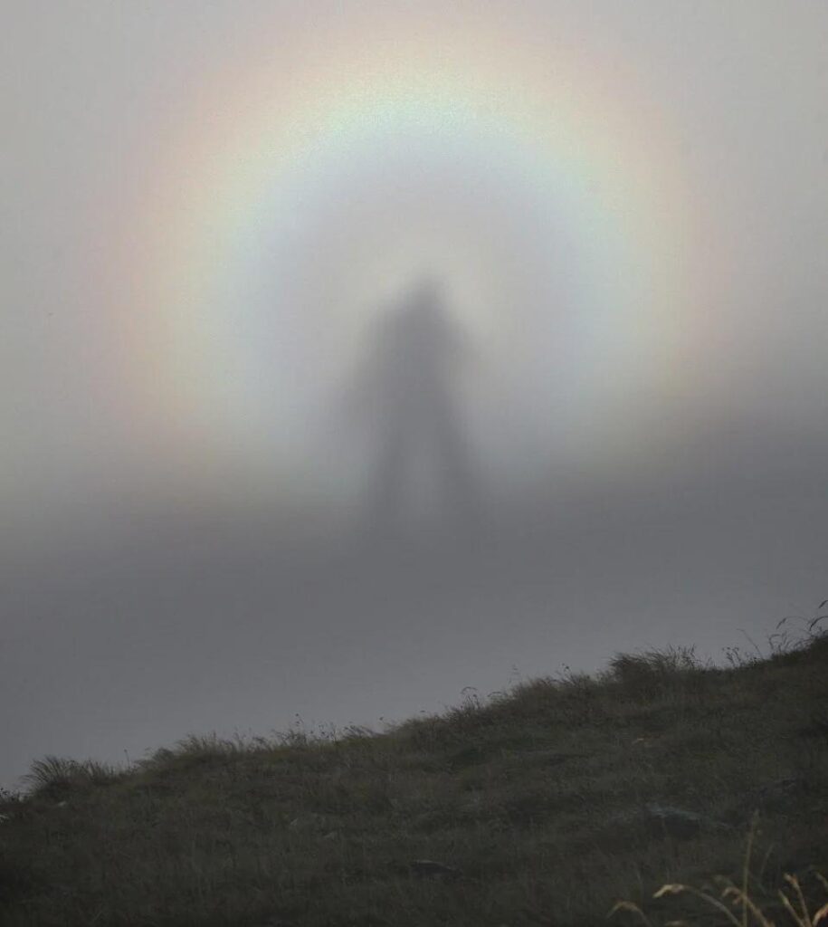 A rare optic sight, the “Brocken spectre,” which occurs when a person stands at a higher altitude in the mountains and sees his shadow cast on a cloud…