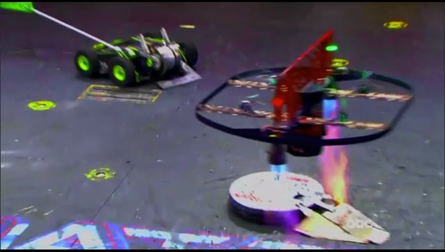 BattleBot uses a garden rake to take out a drone.