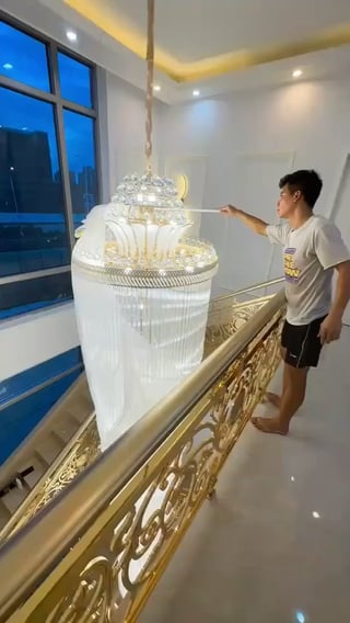 Removing cellophane wrap from this majestic chandelier