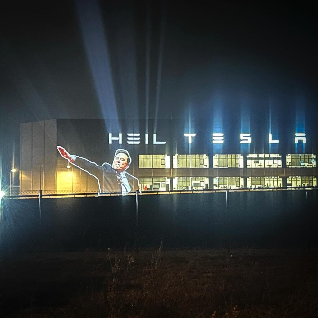 Activist group ‘Led by Donkeys’ projected this on Tesla Gigafactory in Berlin