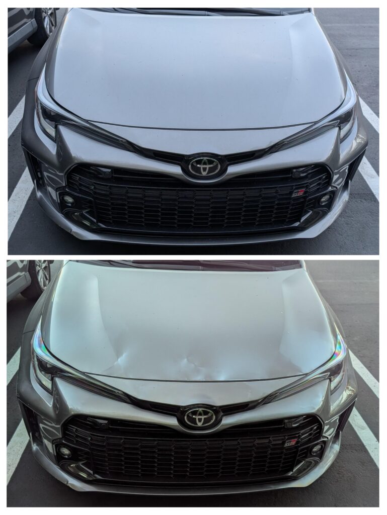 The hood of this car appears damaged when viewed through polarizing sunglasses