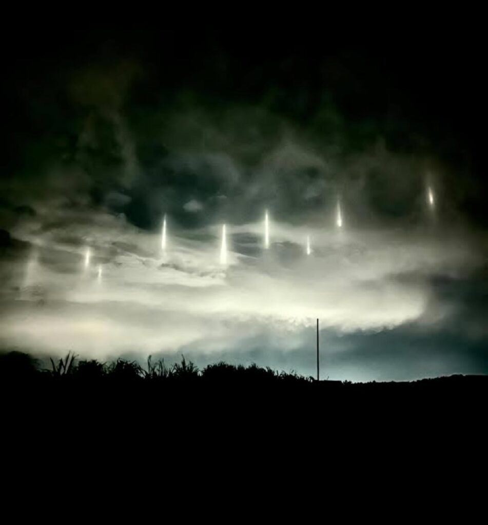 When 9 pillars of light appeared in the night sky above a coastal Japanese town.