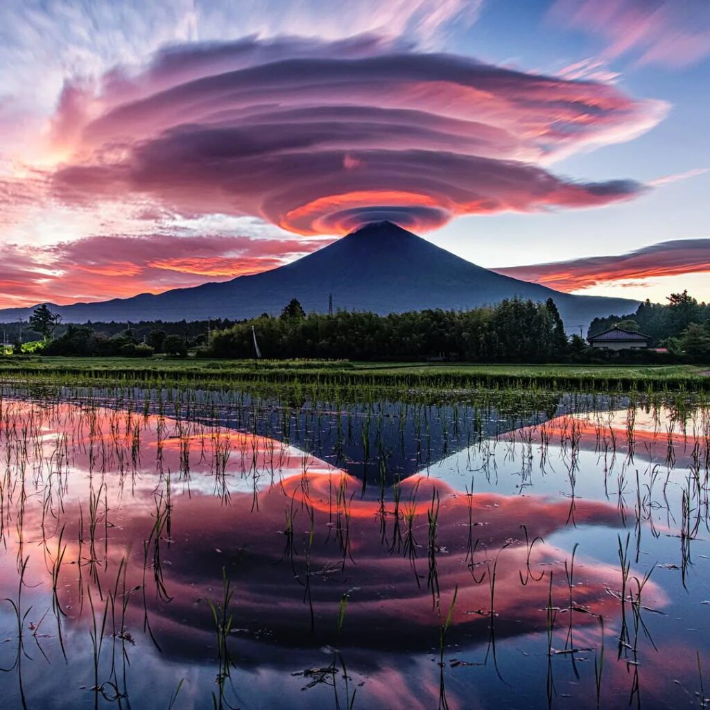 A majestic view of lenticular clouds over Mt.Fuji