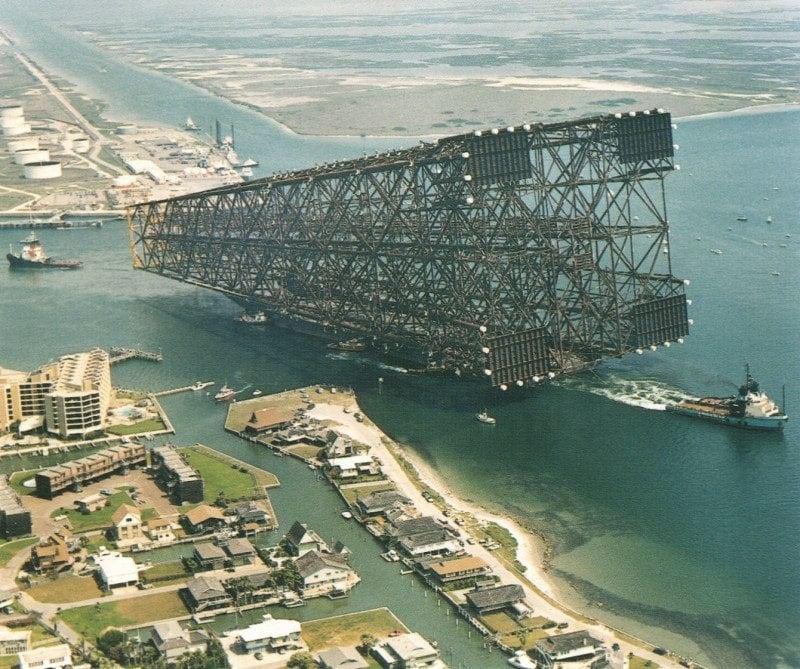 Transporting the base of a drilling rig. UK, 1980s.